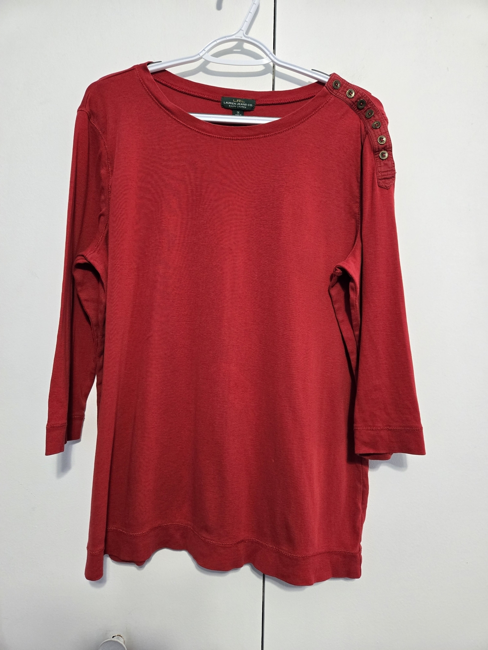 Lauren Jeans Co Ralph Lauren 1X Red Button‎ Shoulder Top Plus Size